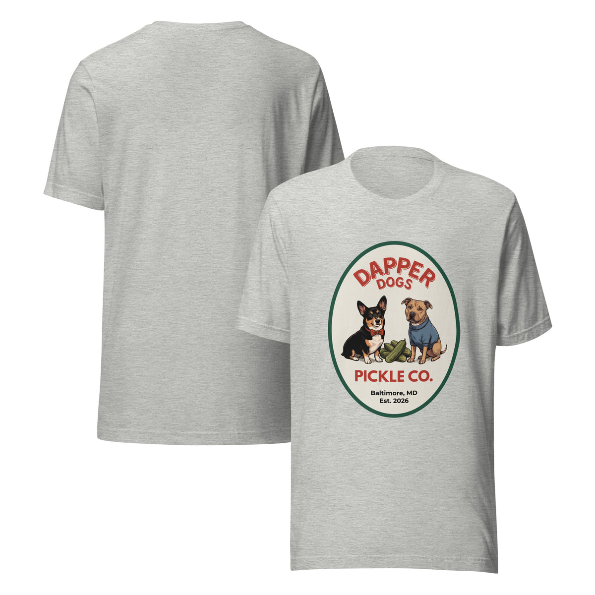 Dapper Dogs Pickle Co. Original Tee in athletic heather with oval two-dogs logo, flat front and back views