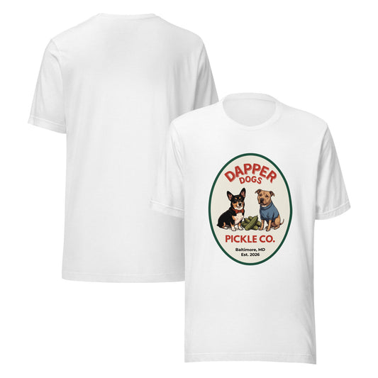 Dapper Dogs Pickle Co. Original Tee in solid white blend with oval two-dogs logo, flat front and back views